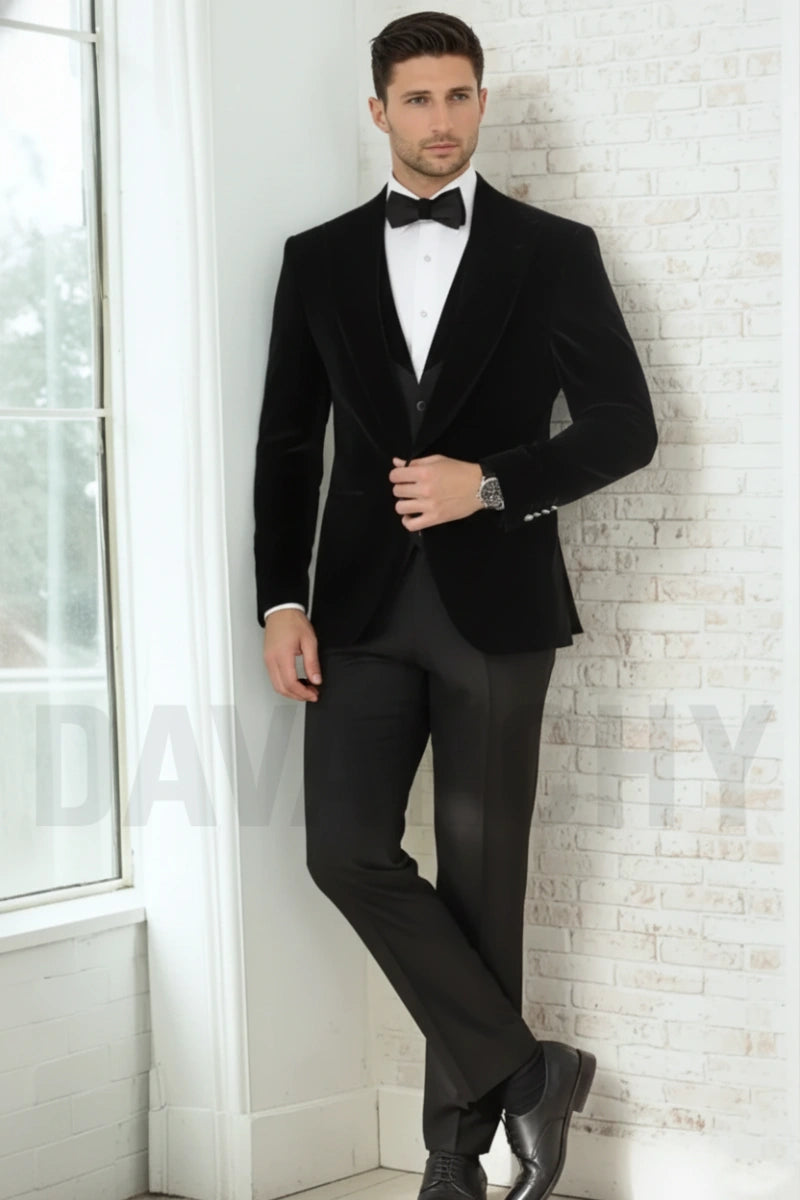 Men black formal three piece suit-Front