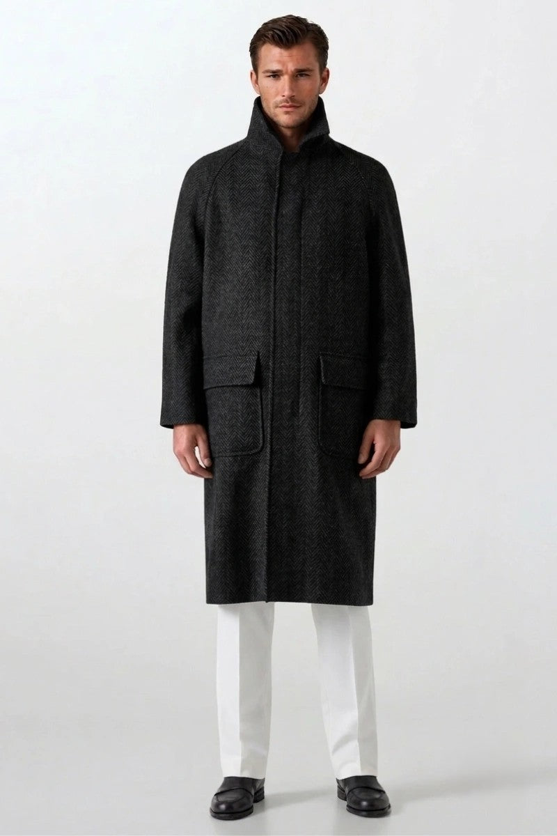 Men Herringbone tweed overcoat-Front