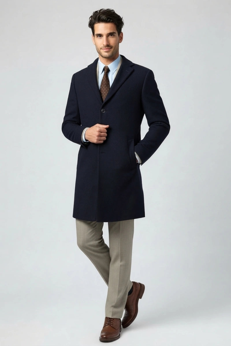 Men navy blue wool trench coat-Front