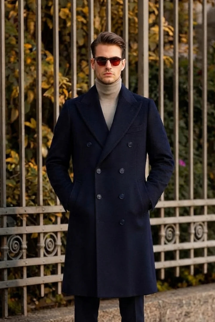 Men Navy Blue Trench Coat