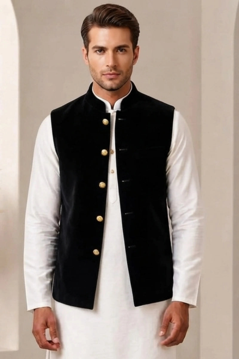 Men Black Velvet Nehru Jacket