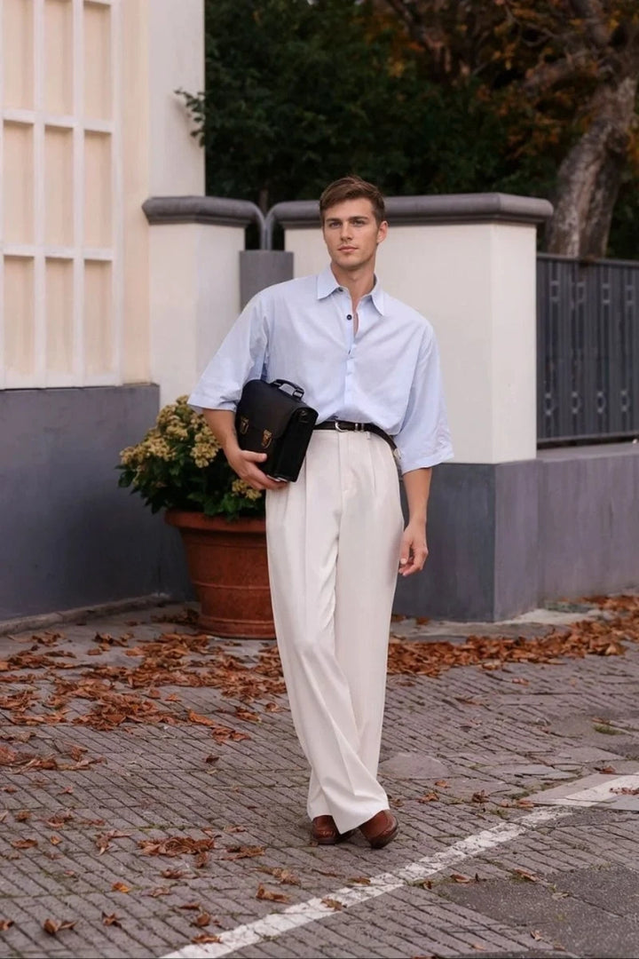 Men Off White Stylish Bell Bottom Pants -Front
