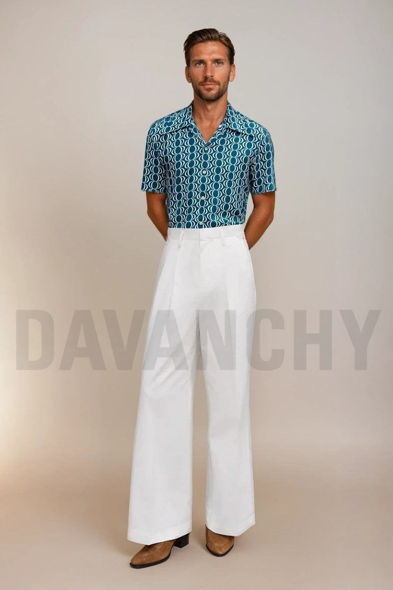 Men white bell-bottom pants wide leg flared-trousers-Front