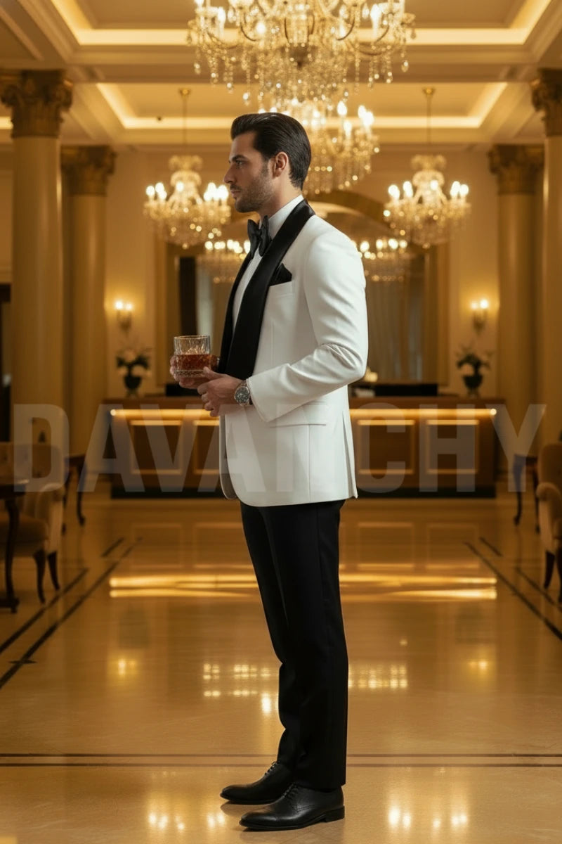 Men White Tuxedo Two Piece Suit with Black Satin Lapel – Luxury Evening Wear