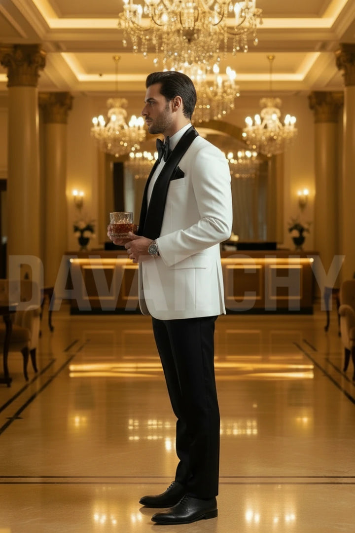 Men White Tuxedo Two Piece Suit with Black Satin Lapel – Luxury Evening Wear