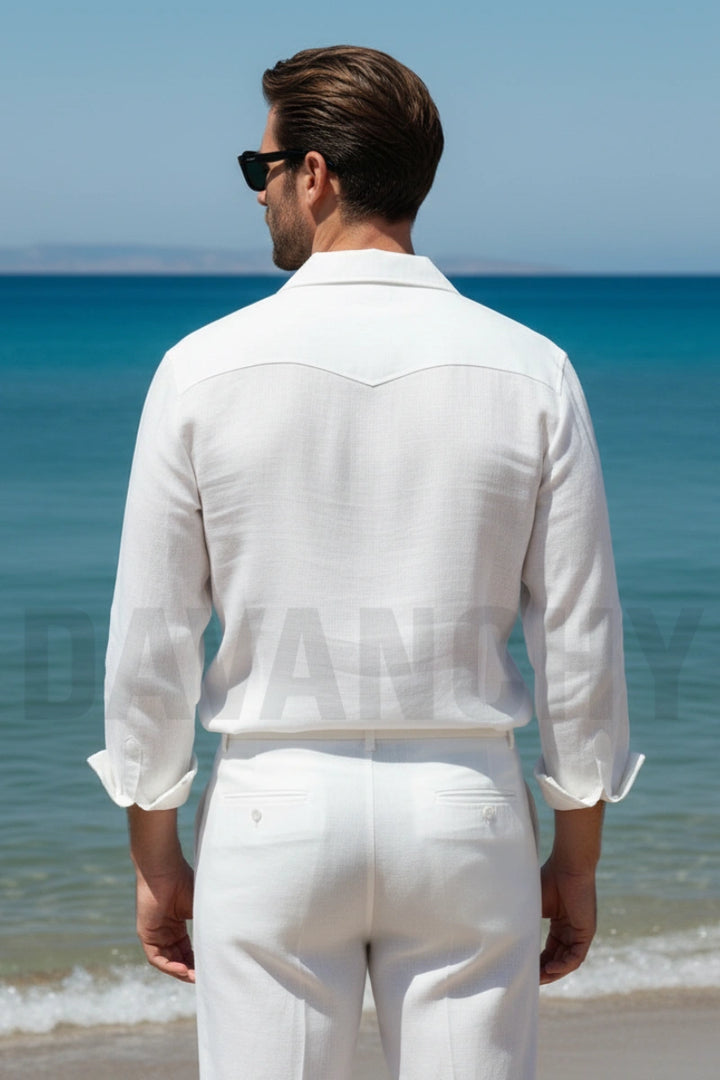 Men White Linen Casual Shirt for Men-Back