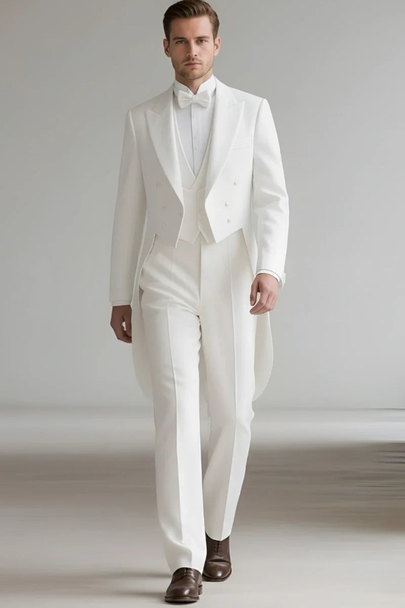 Men White Victorian Tailcoat Suit-Front
