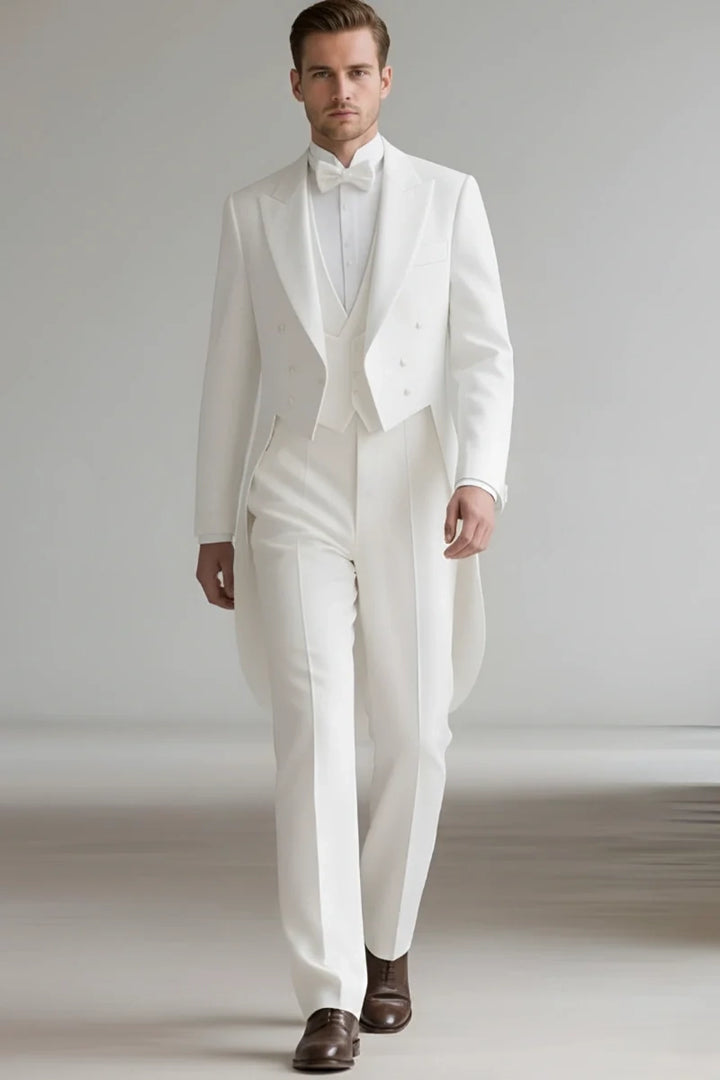 Men White Victorian Tailcoat Suit-Front