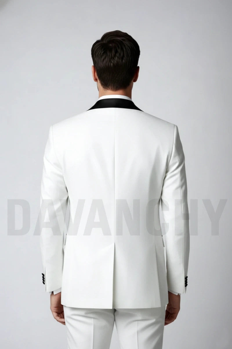 Men’s white blazer with satin collar, party jacket-Back