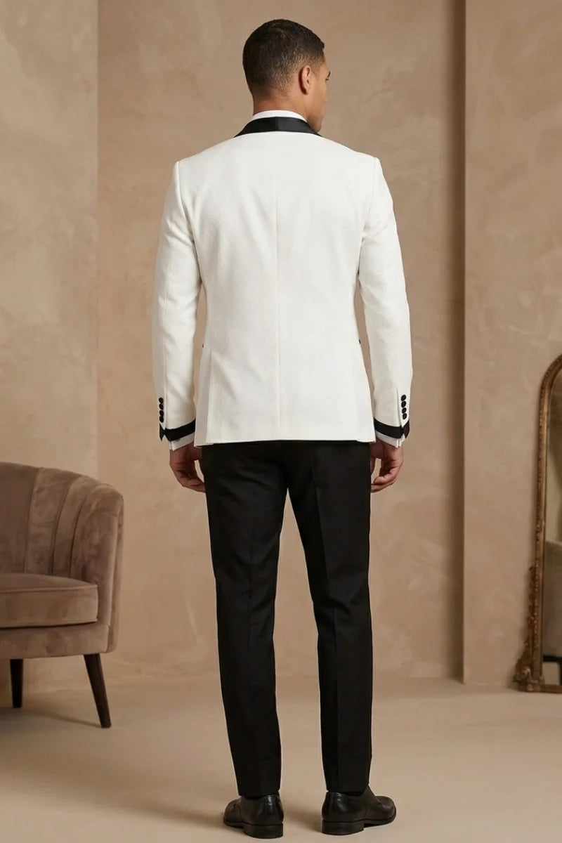 Men's Off White Blazer with Black Vest and Trousers - Back