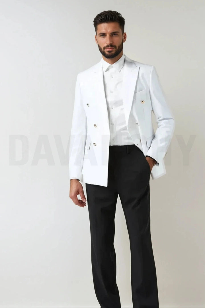 Men White Double Breasted Suit-Front