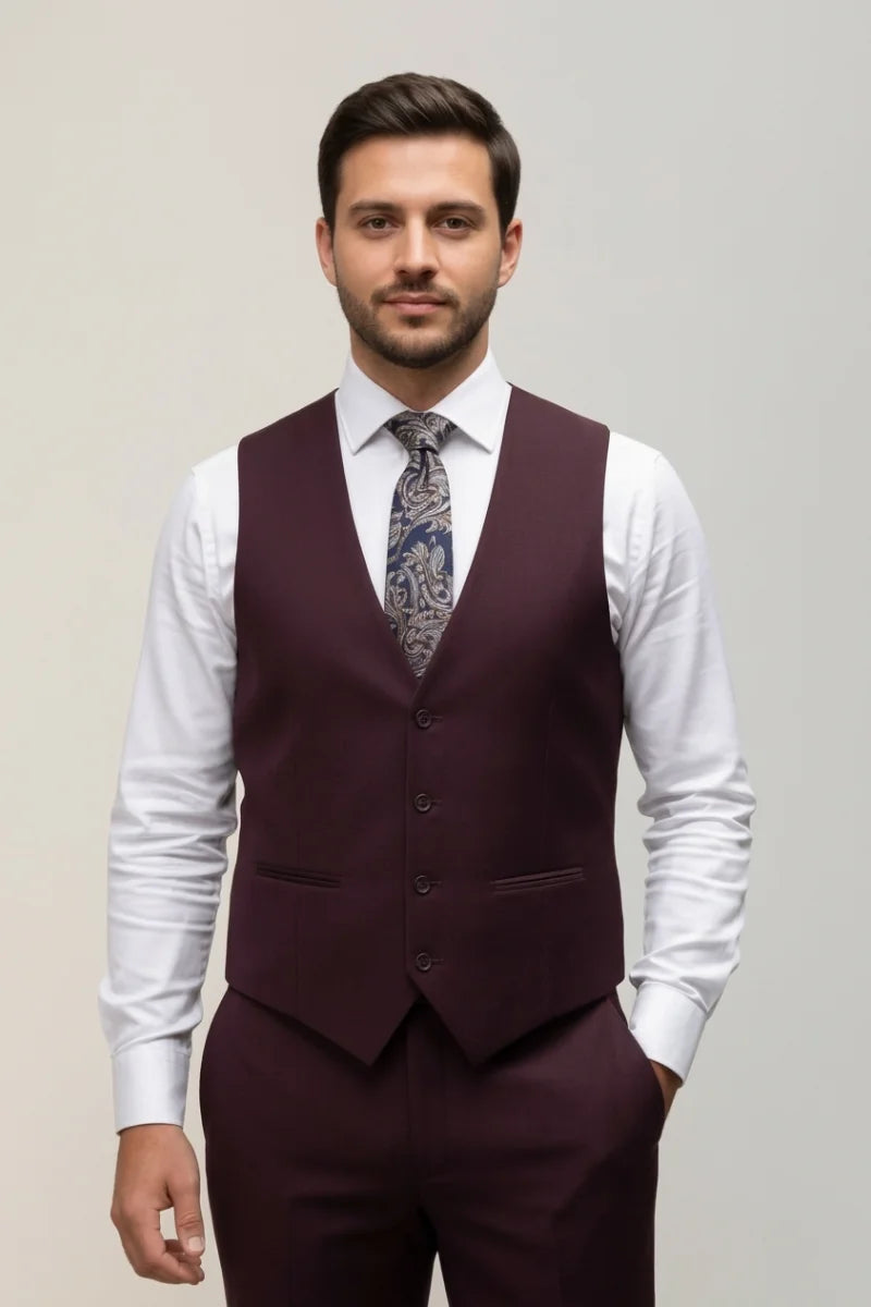Men Wine Waistcoat Formal Events and Party Wear-Front