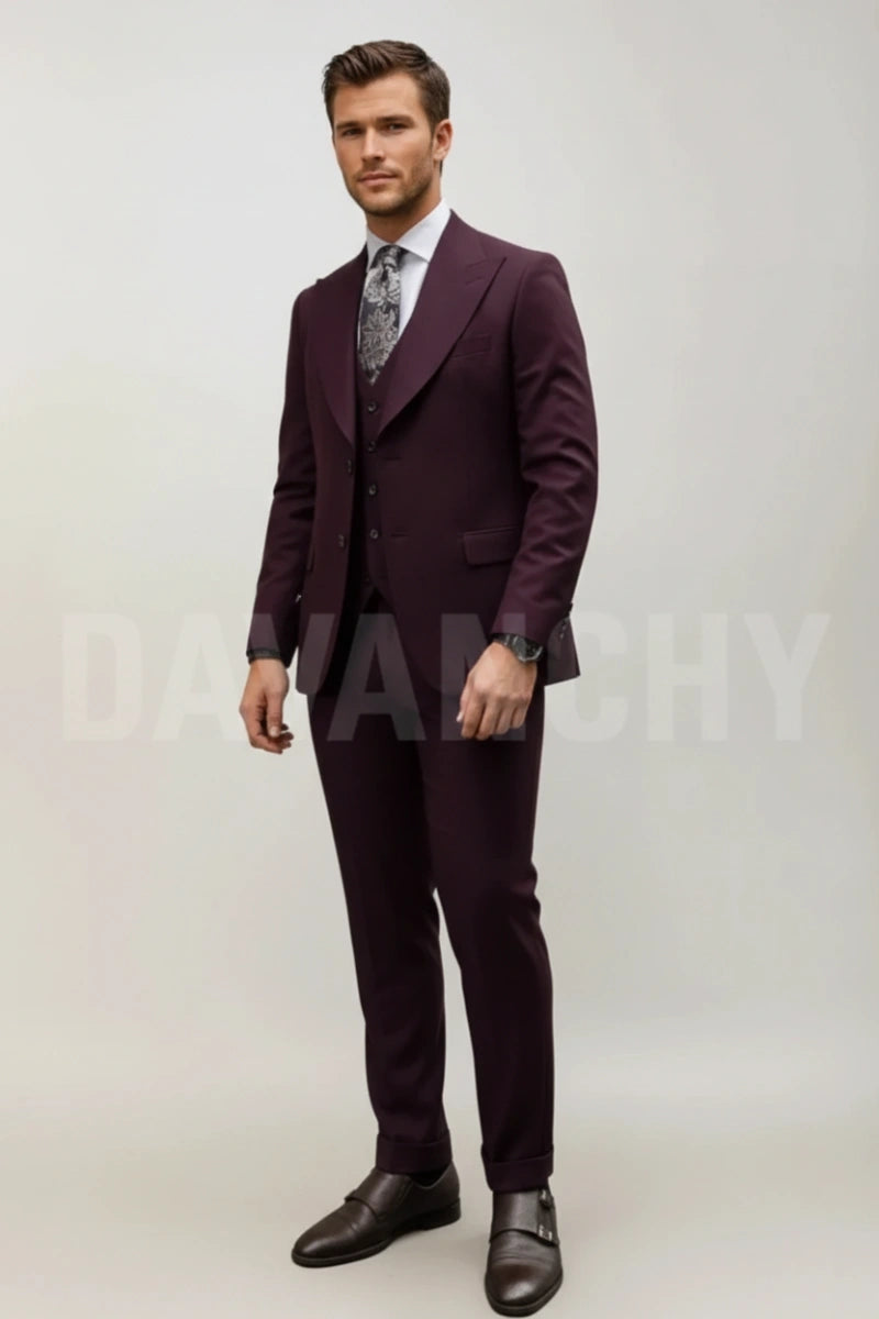 Men wine three piece formal suit-Front
