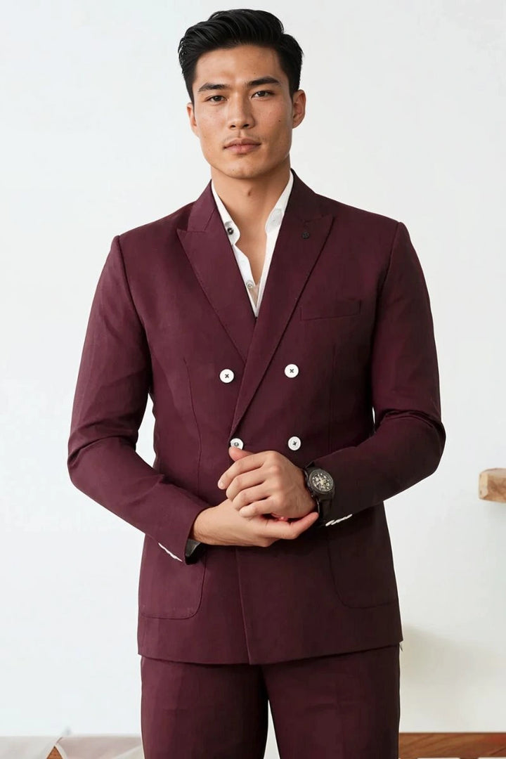 Elegant men wine color party wear suit-Front