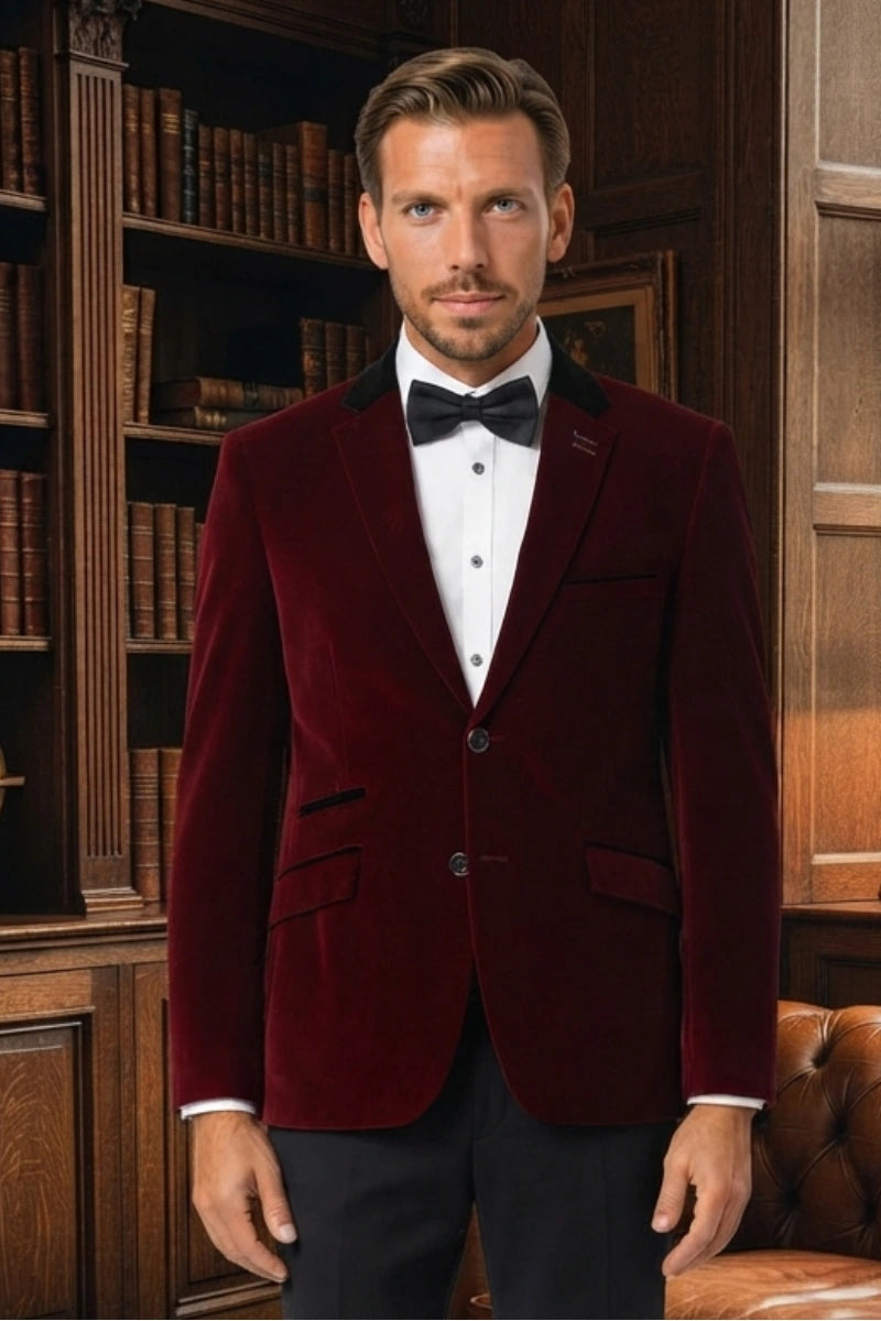 Men Wine Velvet Coat Front