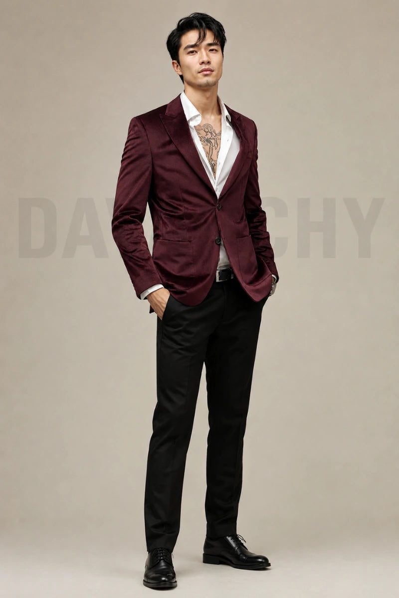 Men’s wine velvet two-piece suit-Front