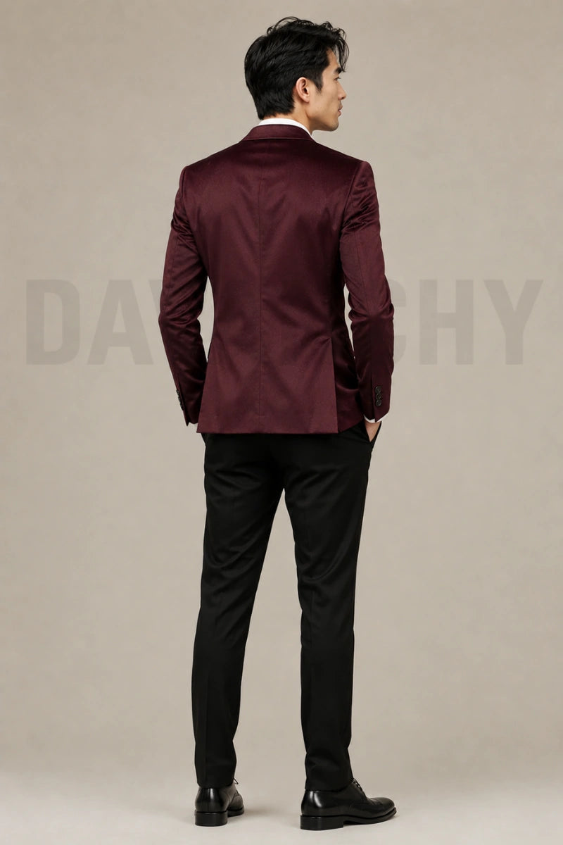Men Wine Velvet Premium Coat Pant Set-Back