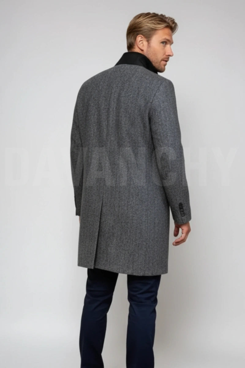 Men grey herring bone tweed trench coat-Back