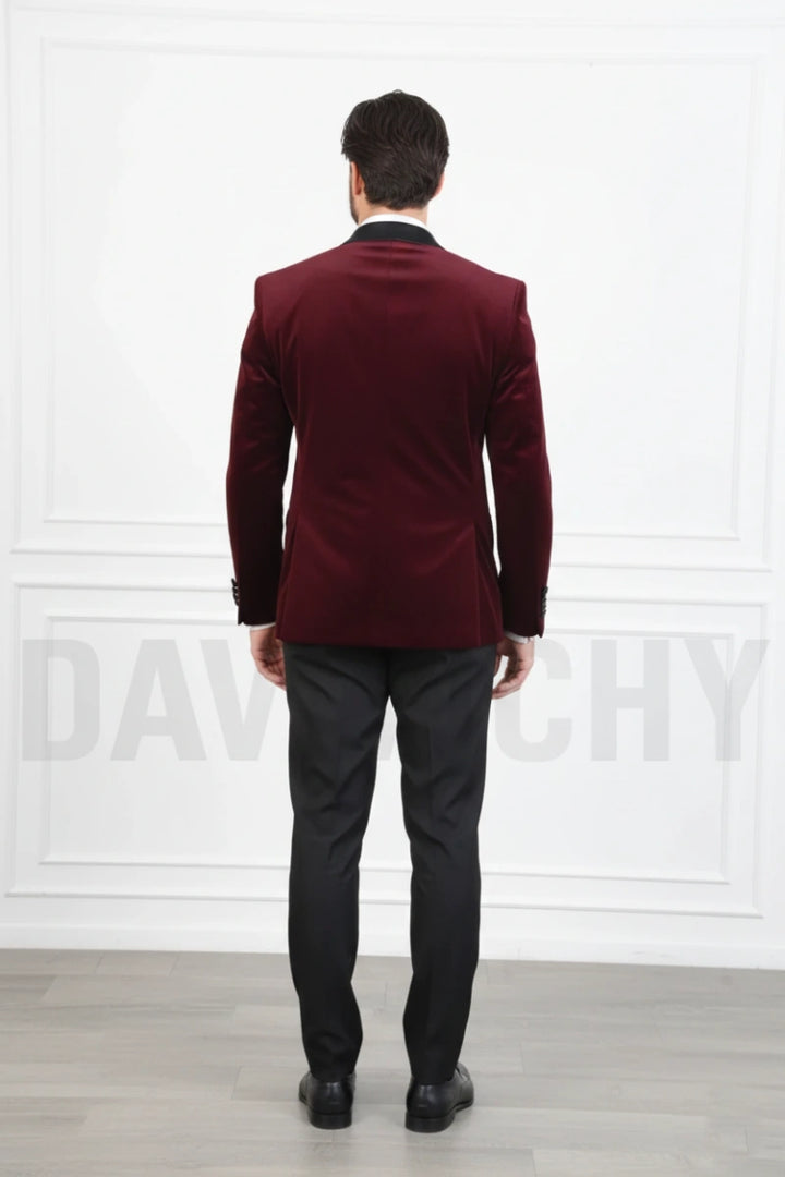 Men Wine Velvet Stylish Blazer-Back