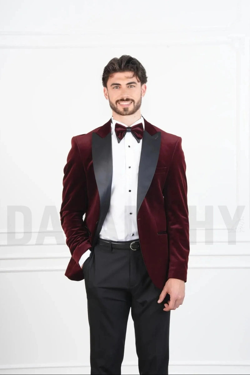 Maroon velvet tuxedo blazer for men-Front