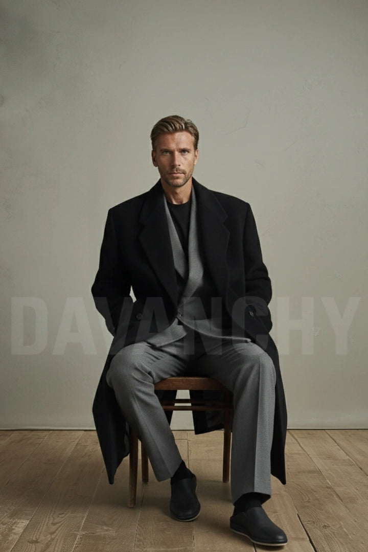 Men black formal trench coat – warm winter outerwear front