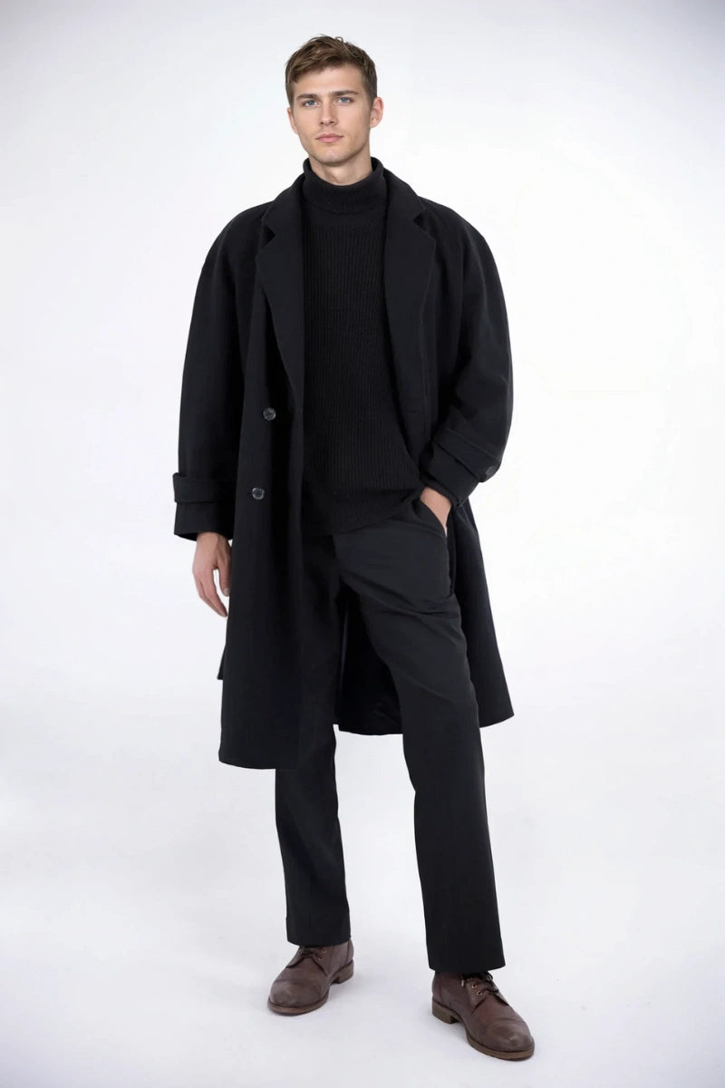 Men black tweed overcoat-Front
