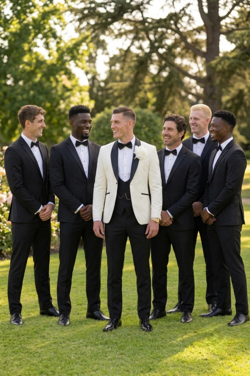 Men Off White Three Piece Bespoke Suit – Elegant Groom Wedding Outfit