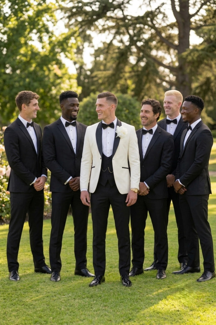 Men Off White Three Piece Bespoke Suit – Elegant Groom Wedding Outfit