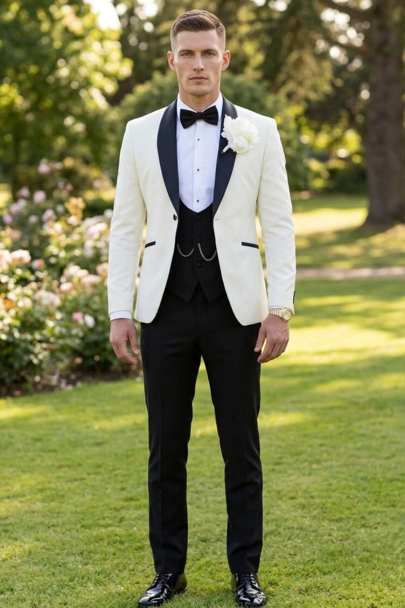 Men Off White Three Piece Bespoke Suit – Elegant Groom Wedding Outfit