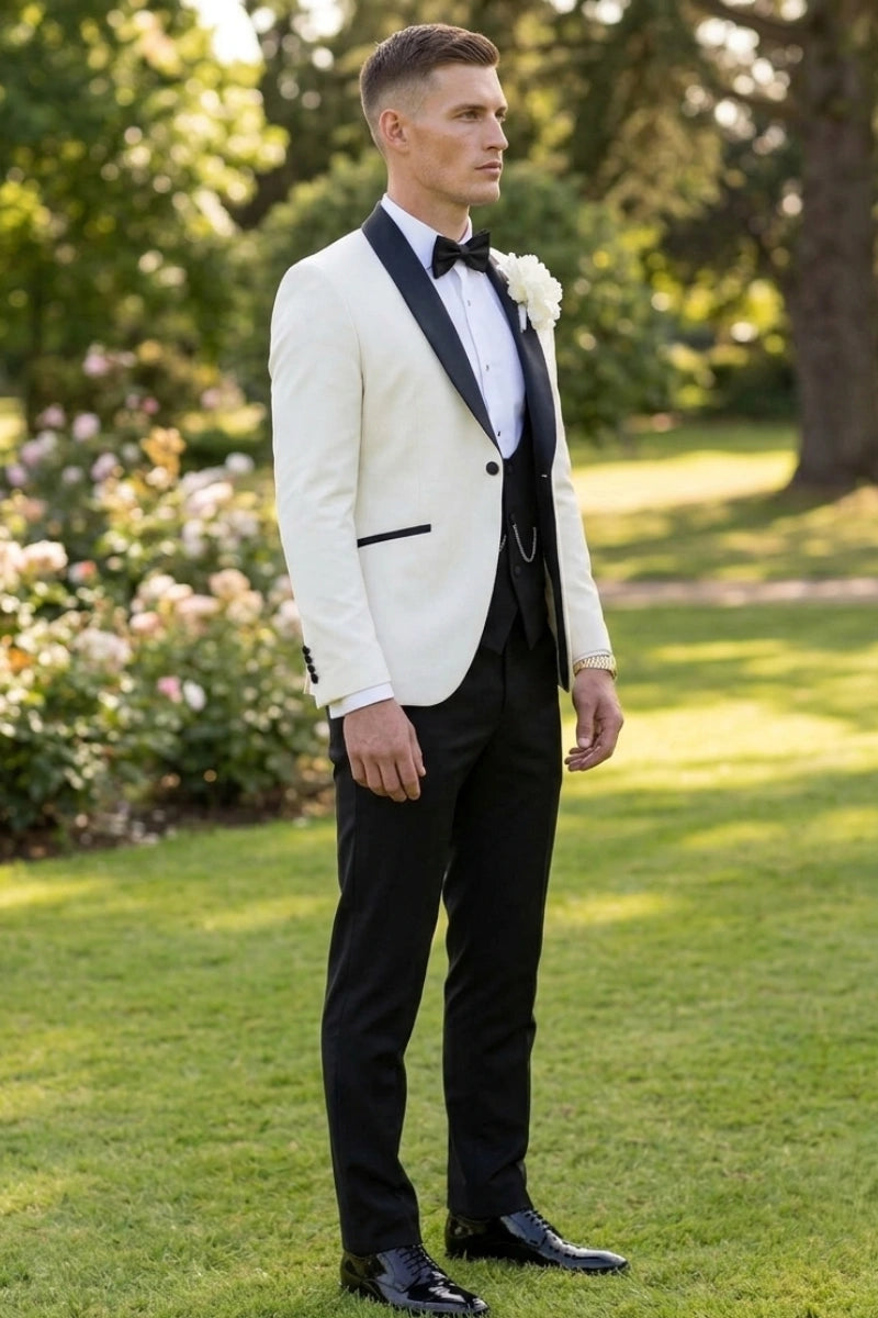 Men Off White Three Piece Bespoke Suit – Elegant Groom Wedding Outfit