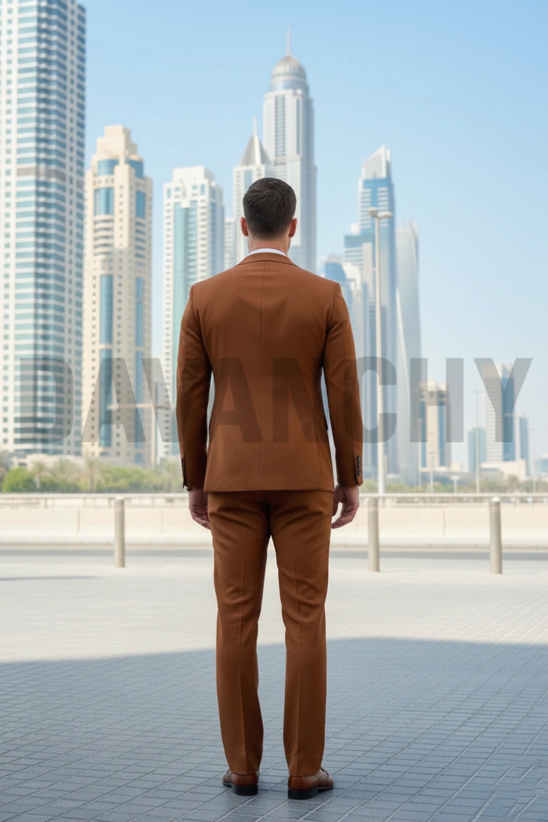Men rust brown three piece suit-Back