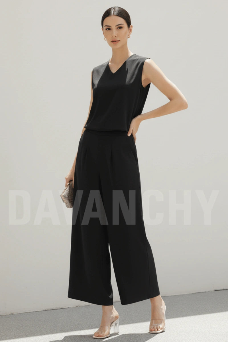 Women black linen two-piece set-Front