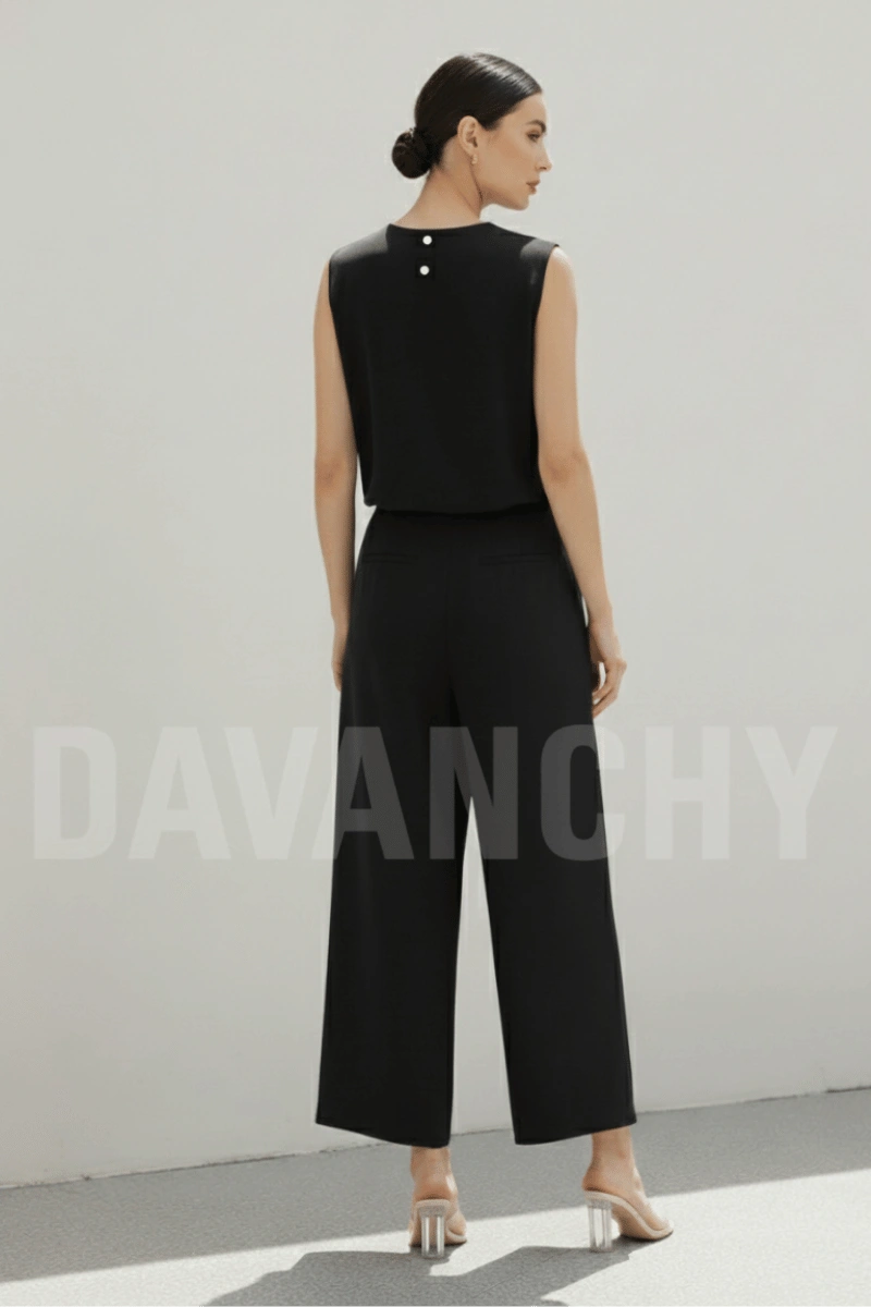 Black sleeveless linen top and pants-Back
