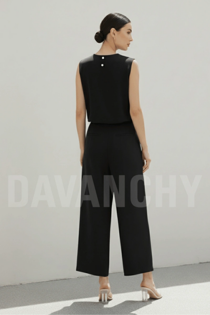 Black sleeveless linen top and pants-Back