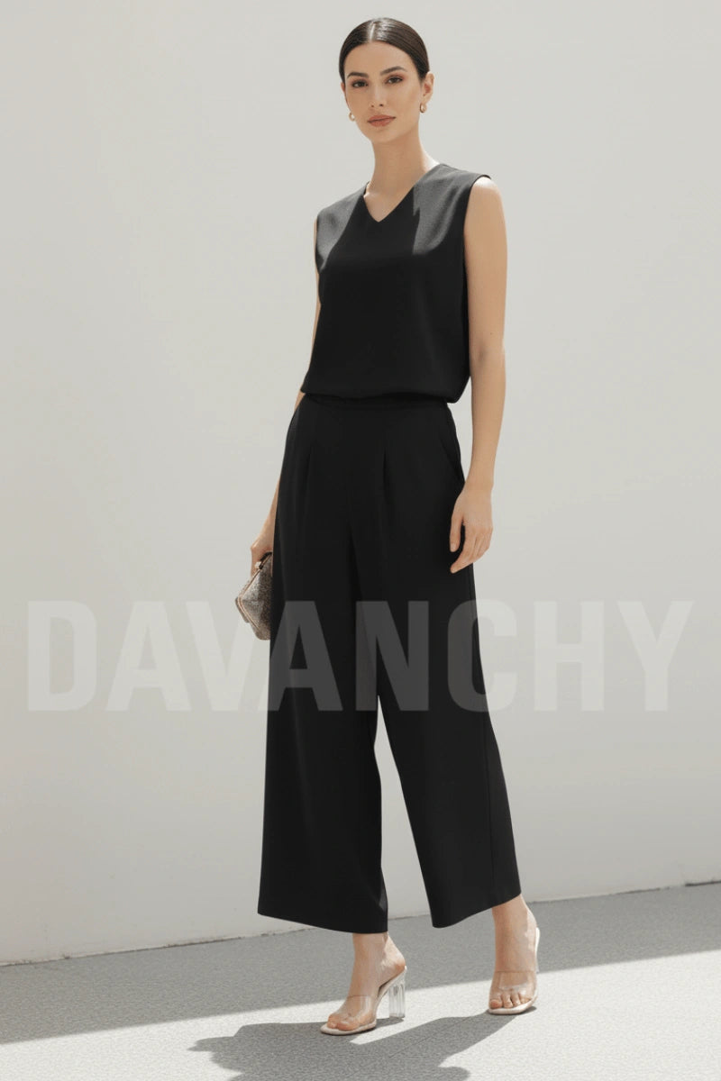 Elegant black formal linen outfit-Front