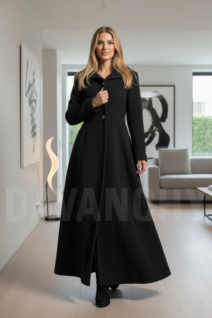 Women black wool floor-length overcoat - front