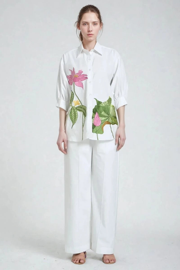 White designer women’s co-ord set with stylish printed top and tailored trousers-Front