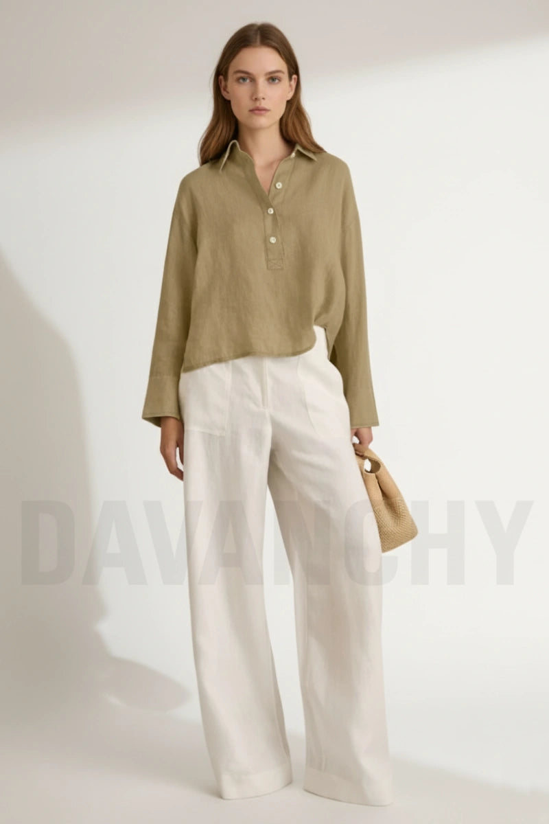 Women khaki and white contrast linen co-ord set-Front