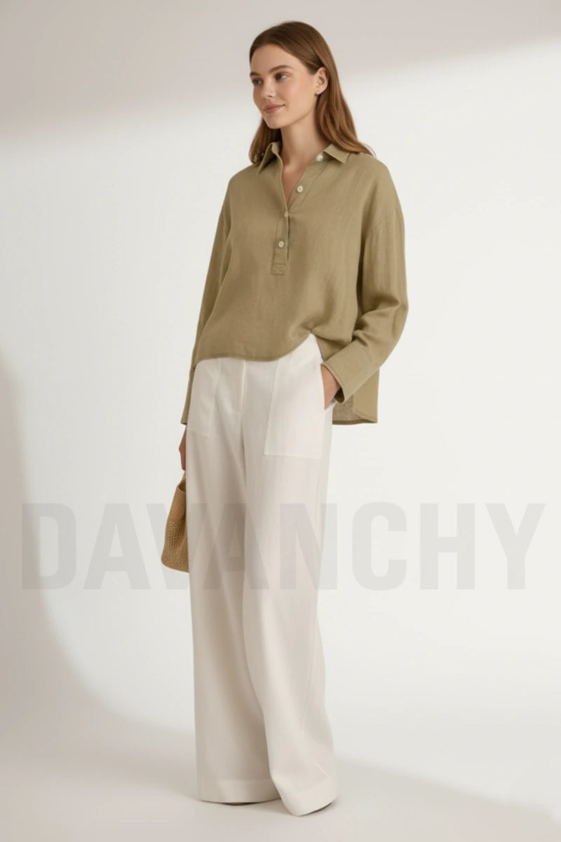 Khaki top with white wide-leg pants for women-Front