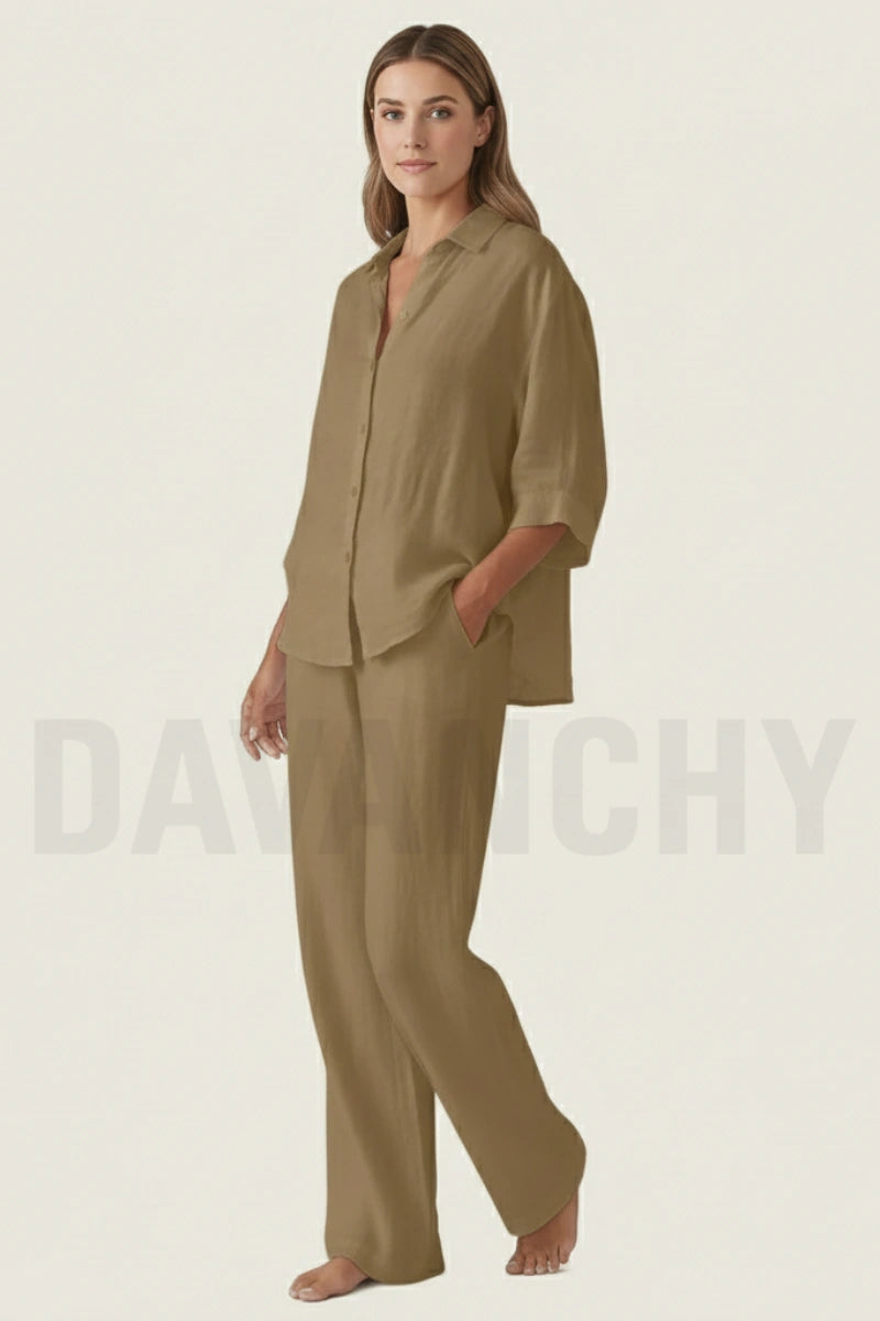 Women khaki linen co-ord set-Side