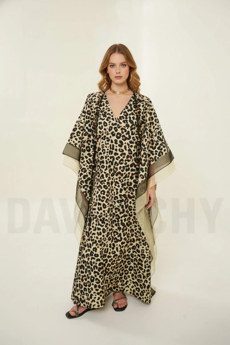 Women Leopard Print Kaftan Dress – Relaxed Fit Beachwear-Front