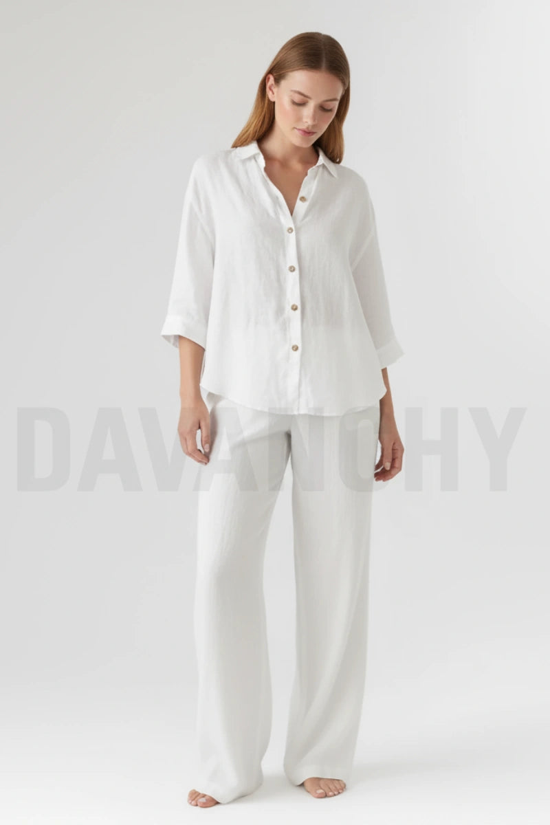 Women’s linen shirt and wide-leg pants set-Front