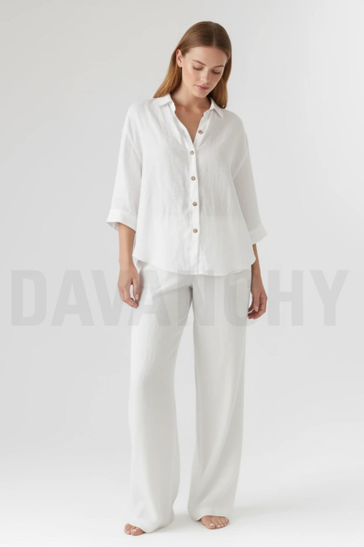 Women’s linen shirt and wide-leg pants set-Front