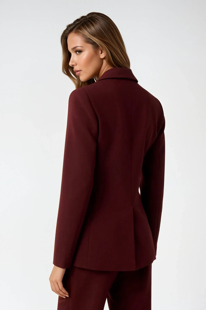 Women wearing wine-colored blazer with notch lapel collar