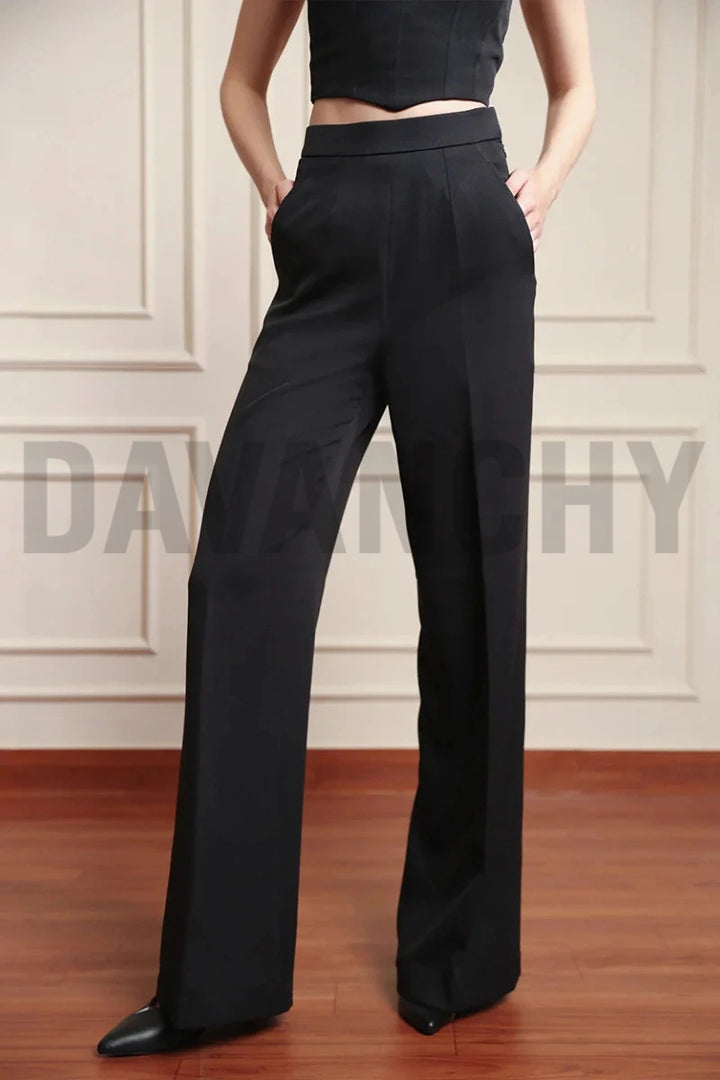 Women black loose-fit straight formal pants-Front