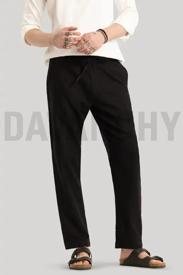 Men Black Casual Linen Trouser-Front
