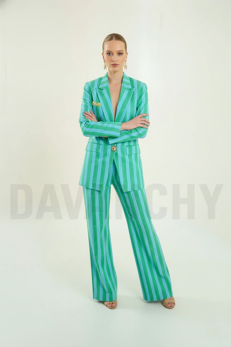 Women green and blue striped co-ord set-Front