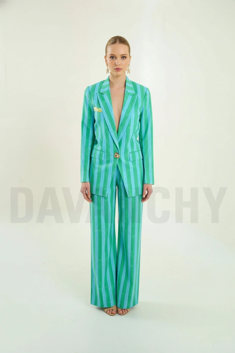 Fashionable Ladies Two Piece Striped Suit-Front