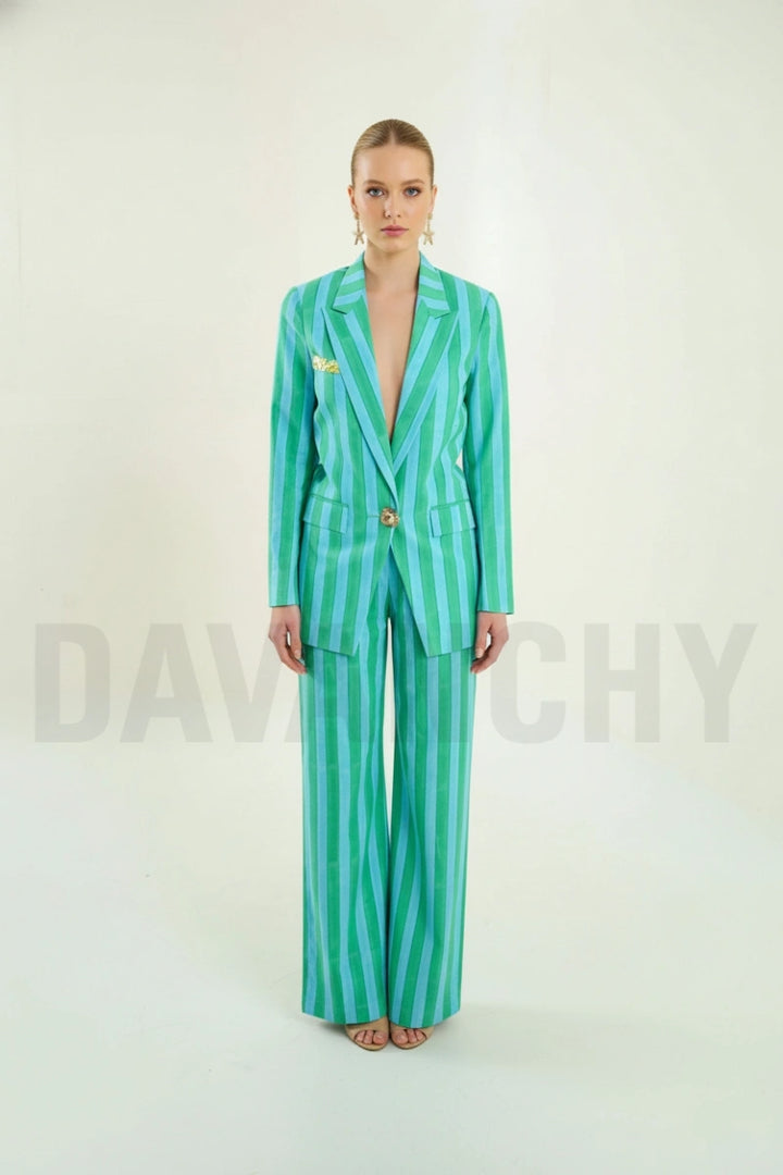 Fashionable Ladies Two Piece Striped Suit-Front