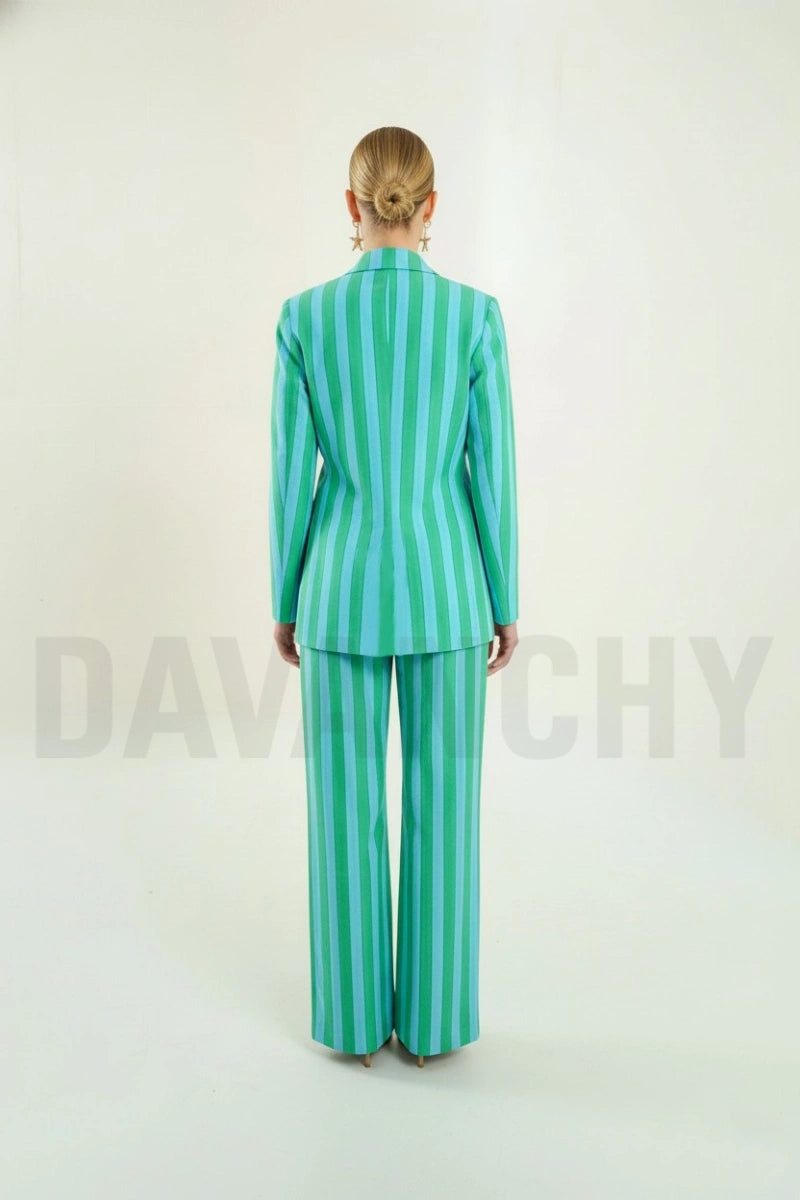 Women Trendy Striped Blazer and Wide-Leg Pants Set-Back